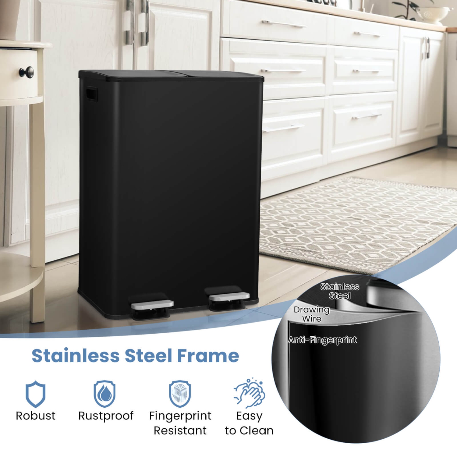 Pédale de poubelle à pédale double de 16 gallons en acier inoxydable de Costway