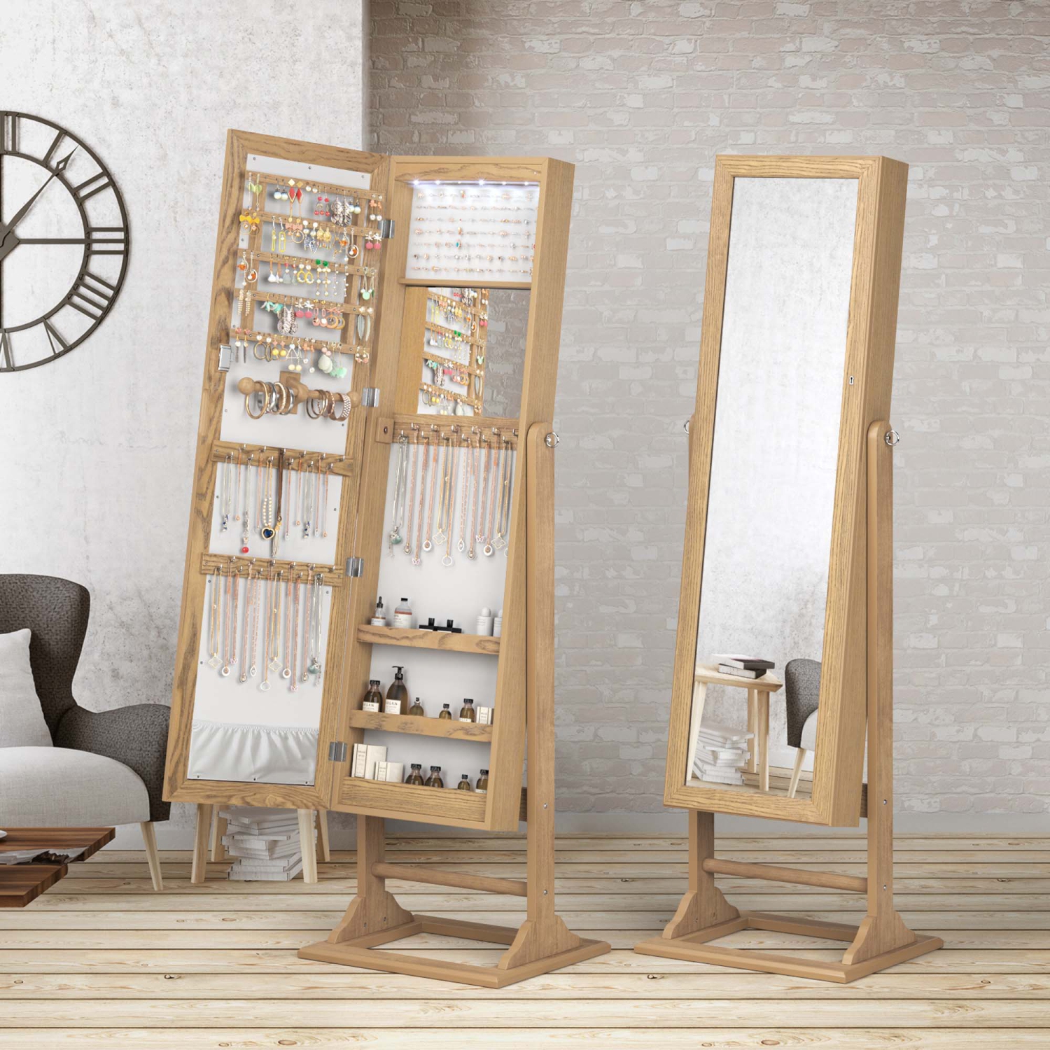 Armoire à bijoux avec miroir pleine longueur verrouillable et 6 lampes de Costway