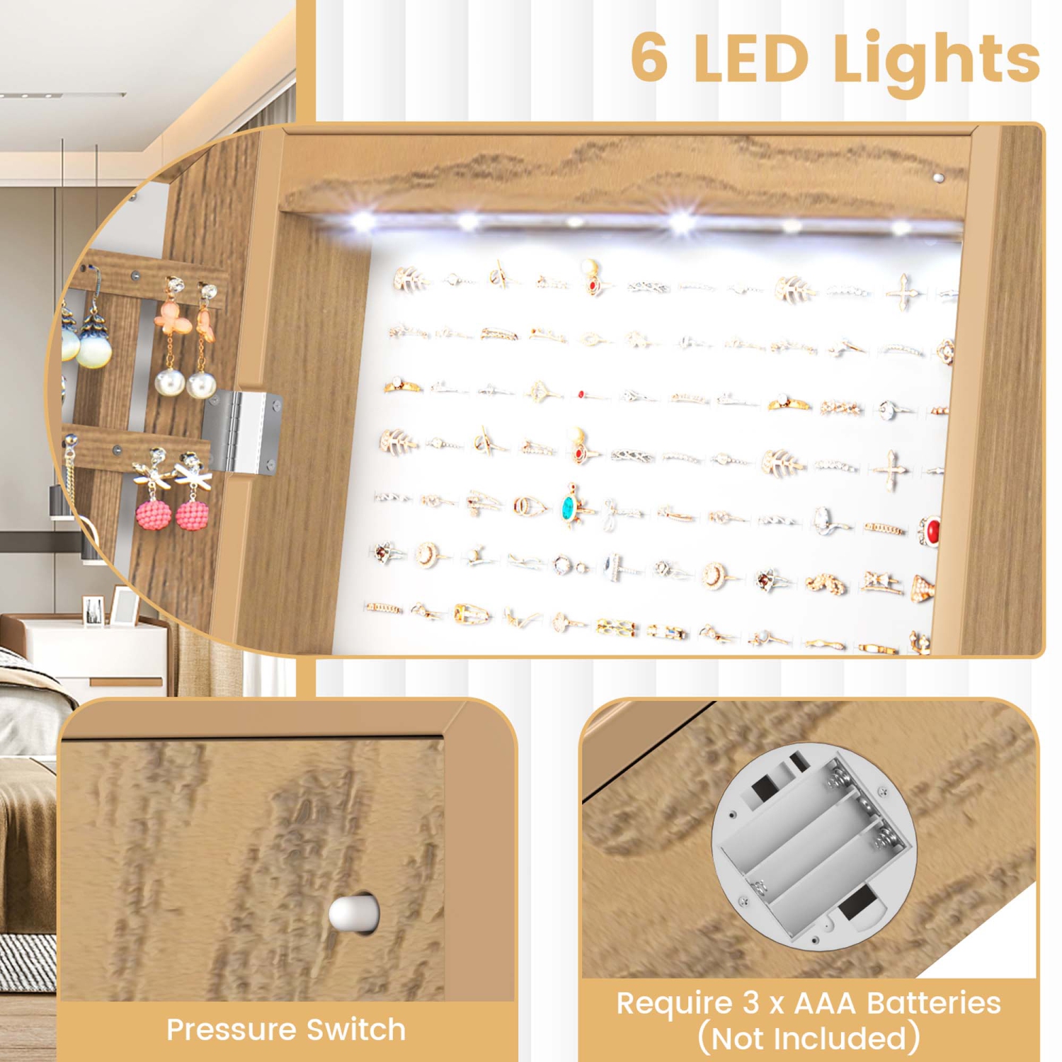 Armoire à bijoux avec miroir pleine longueur verrouillable et 6 lampes de Costway