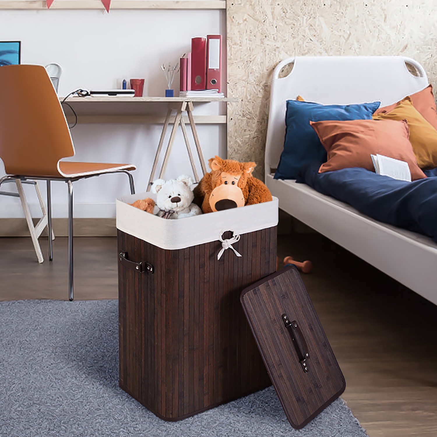 Costway Rectangle Bamboo Hamper Laundry Basket Washing Cloth Bin Bag Lid