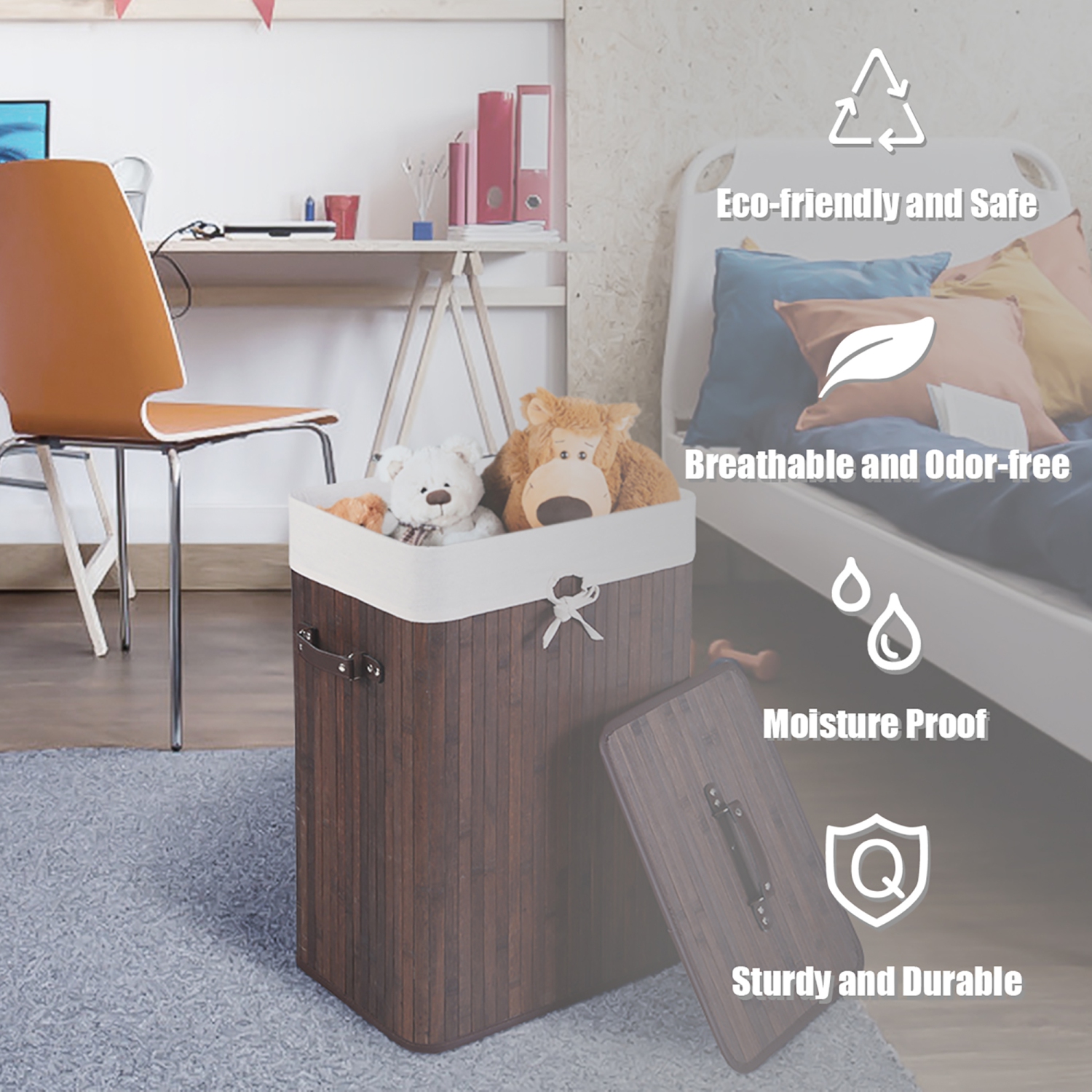 Costway Rectangle Bamboo Hamper Laundry Basket Washing Cloth Bin Bag Lid