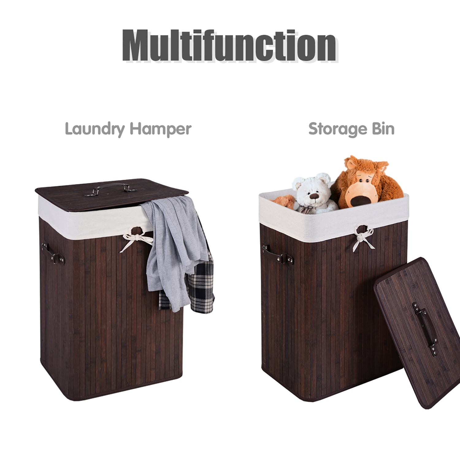 Costway Rectangle Bamboo Hamper Laundry Basket Washing Cloth Bin Bag Lid