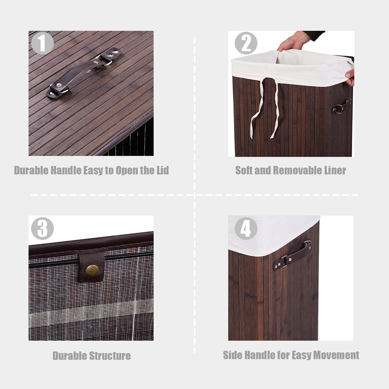 Costway Rectangle Bamboo Hamper Laundry Basket Washing Cloth Bin Bag Lid