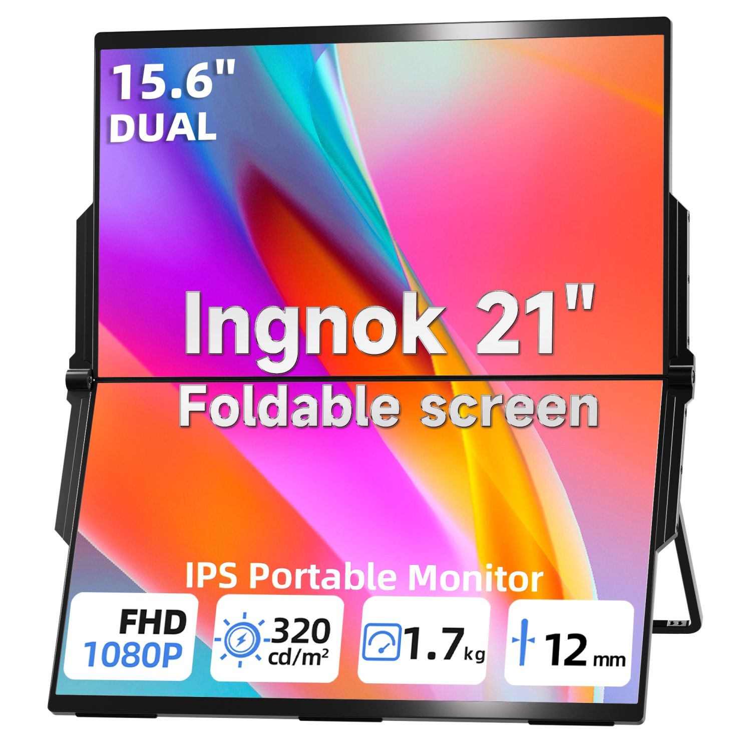 Ingnok Laptop Screen Extender, Dual 15.6" FHD 1080P Computer Monitor with 180° Foldable&4 Speakers, Mini HDMI and Type-C Ports (Wins/Mac), Plug&Play, Portable Monitor for Laptop