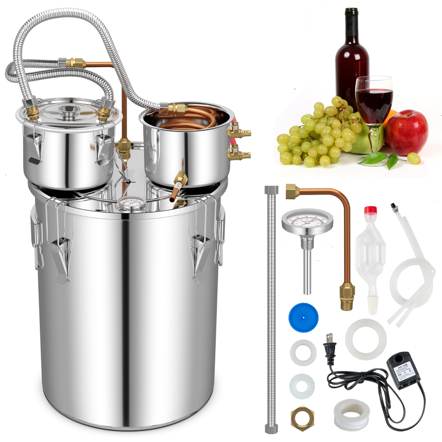 Costway Alcohol Still 10Gal Stainless Steel Alcohol Distiller Copper Tube w/Thermometer