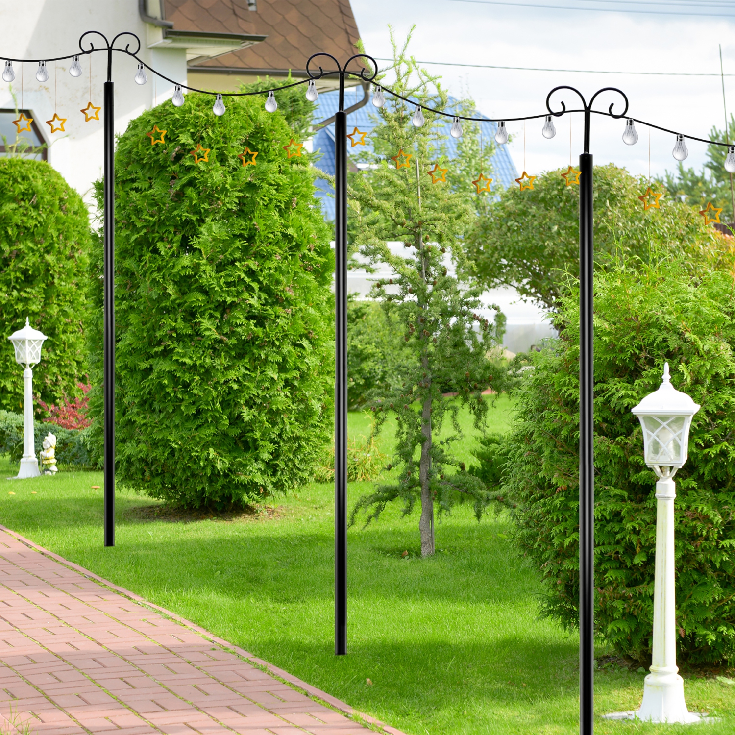 Costway 10ft String Light Poles 2 Pack Outdoor Metal Poles w/Top Arc Hook & 5-Prong Base