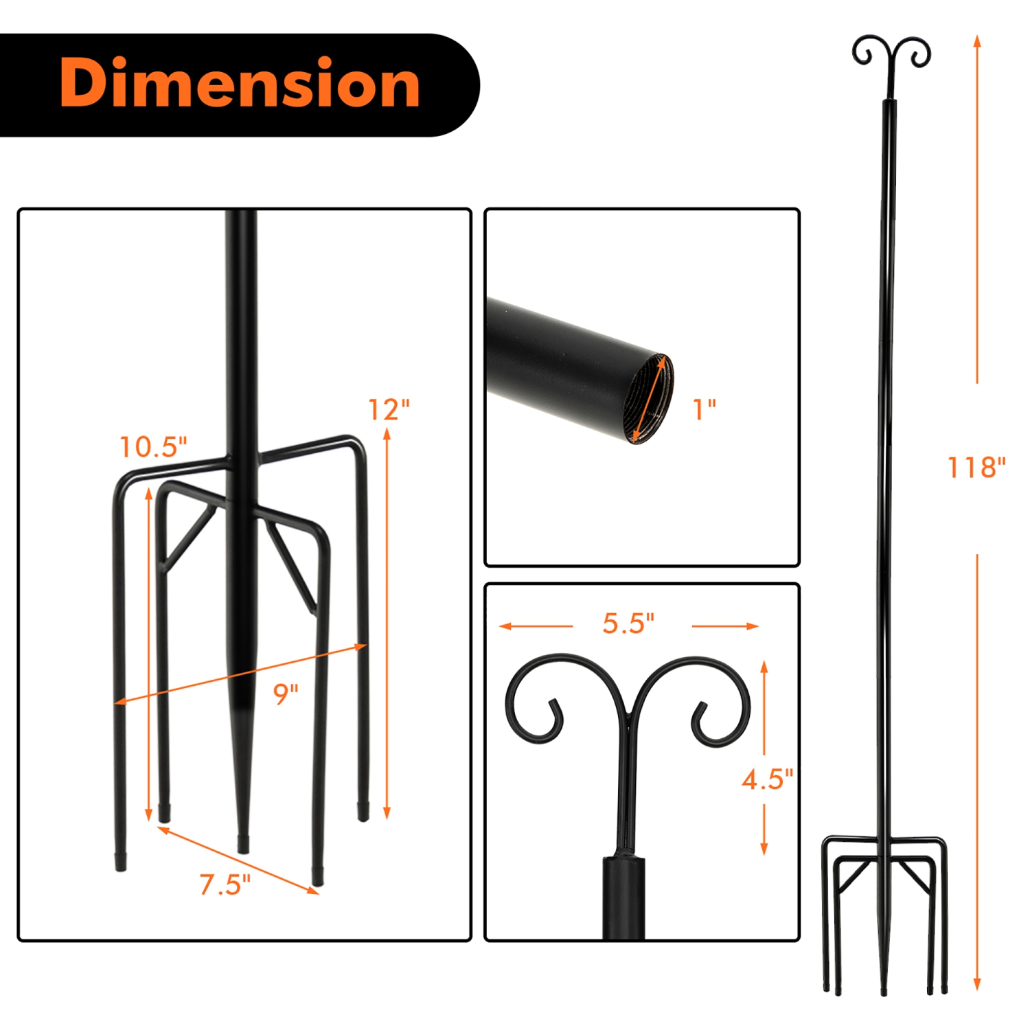 Costway 10ft String Light Poles 2 Pack Outdoor Metal Poles w/Top Arc Hook & 5-Prong Base