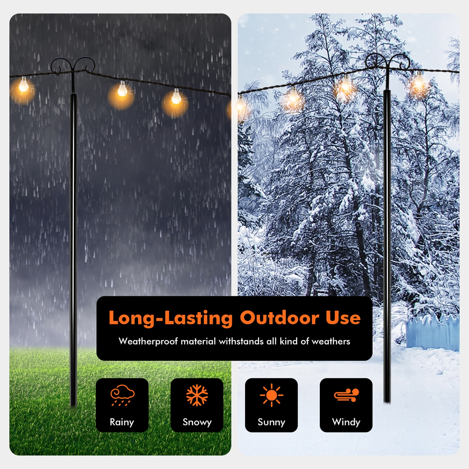 Costway 10ft String Light Poles 2 Pack Outdoor Metal Poles w/Top Arc Hook & 5-Prong Base