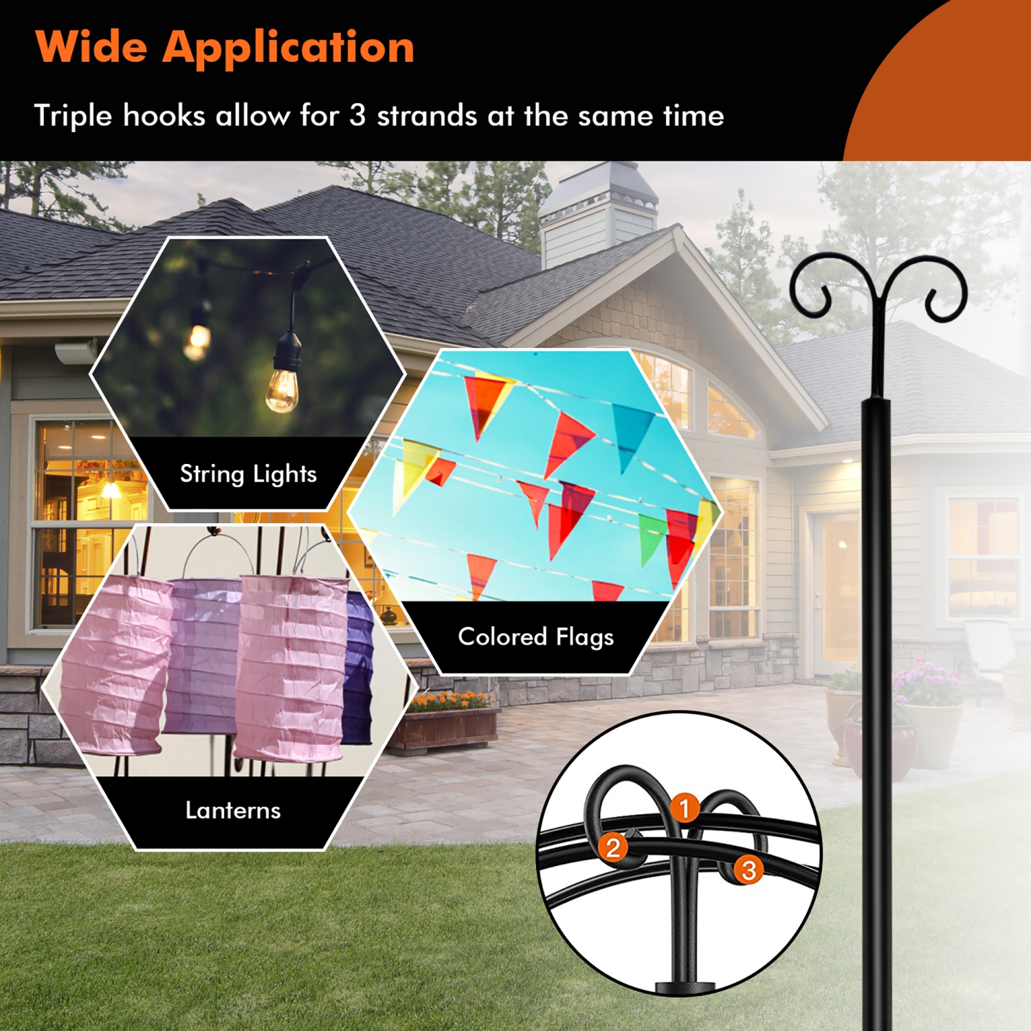 Costway 10ft String Light Poles 2 Pack Outdoor Metal Poles w/Top Arc Hook & 5-Prong Base