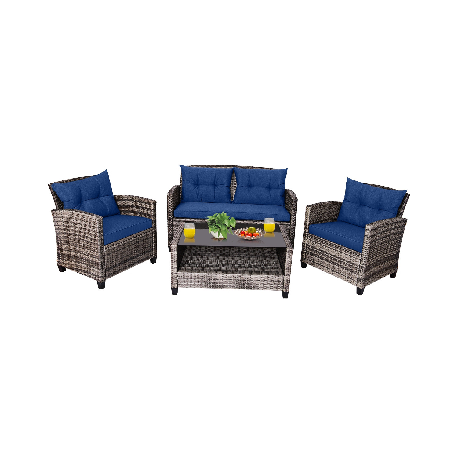 Costway 4 PCS Patio Rattan Furniture Set Coffee Table Cushioned Sofa Garden Lawn Navy