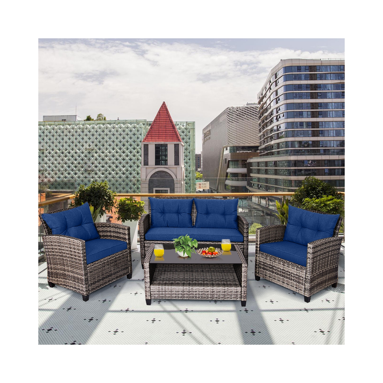 Costway 4 PCS Patio Rattan Furniture Set Coffee Table Cushioned Sofa Garden Lawn Navy