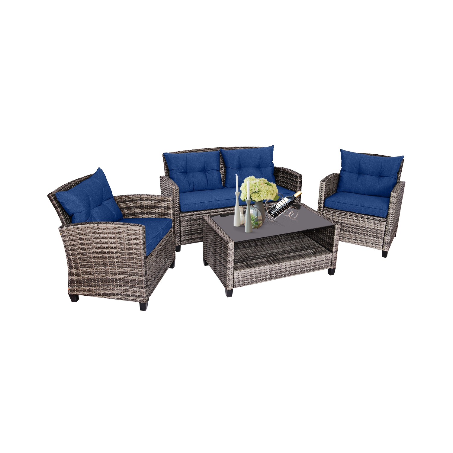 Costway 4 PCS Patio Rattan Furniture Set Coffee Table Cushioned Sofa Garden Lawn Navy