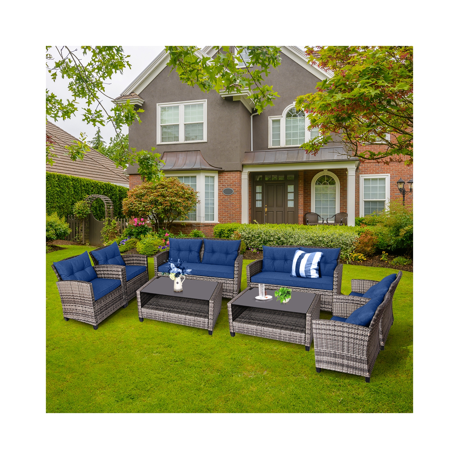 Costway 8 PCS Patio Rattan Furniture Set Coffee Table Cushioned Sofa Garden Lawn Navy