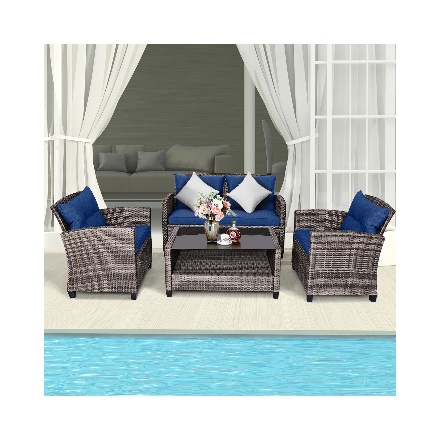 Costway 8 PCS Patio Rattan Furniture Set Coffee Table Cushioned Sofa Garden Lawn Navy