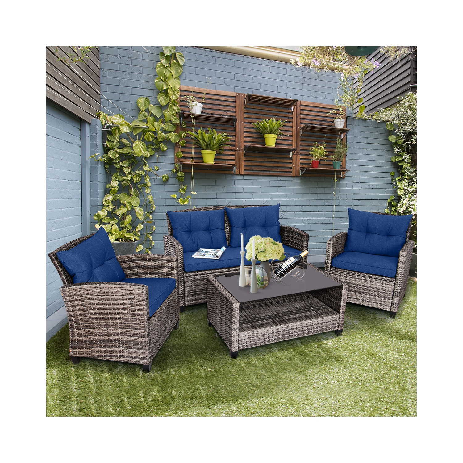 Costway 8 PCS Patio Rattan Furniture Set Coffee Table Cushioned Sofa Garden Lawn Navy