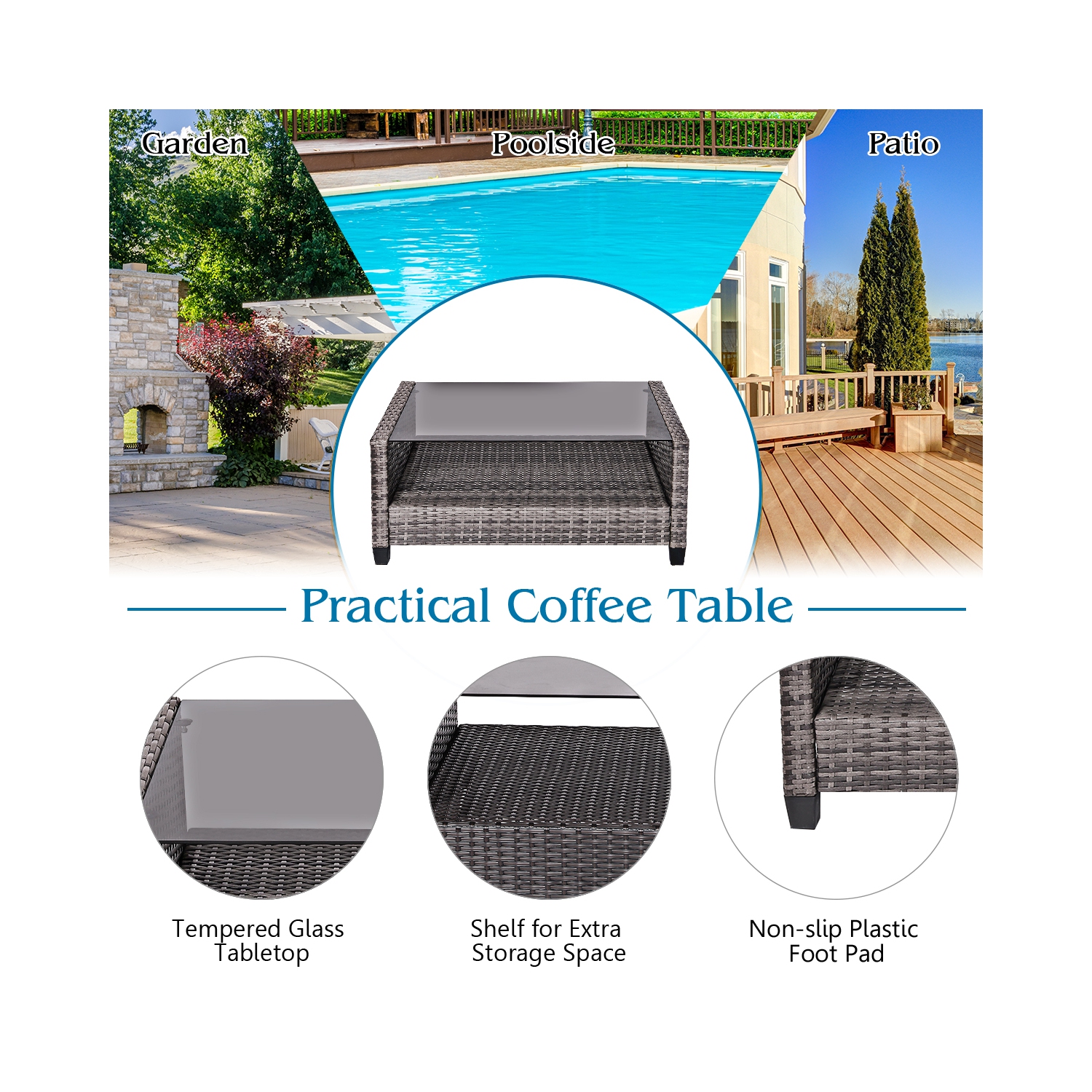 Costway 8 PCS Patio Rattan Furniture Set Coffee Table Cushioned Sofa Garden Lawn Navy