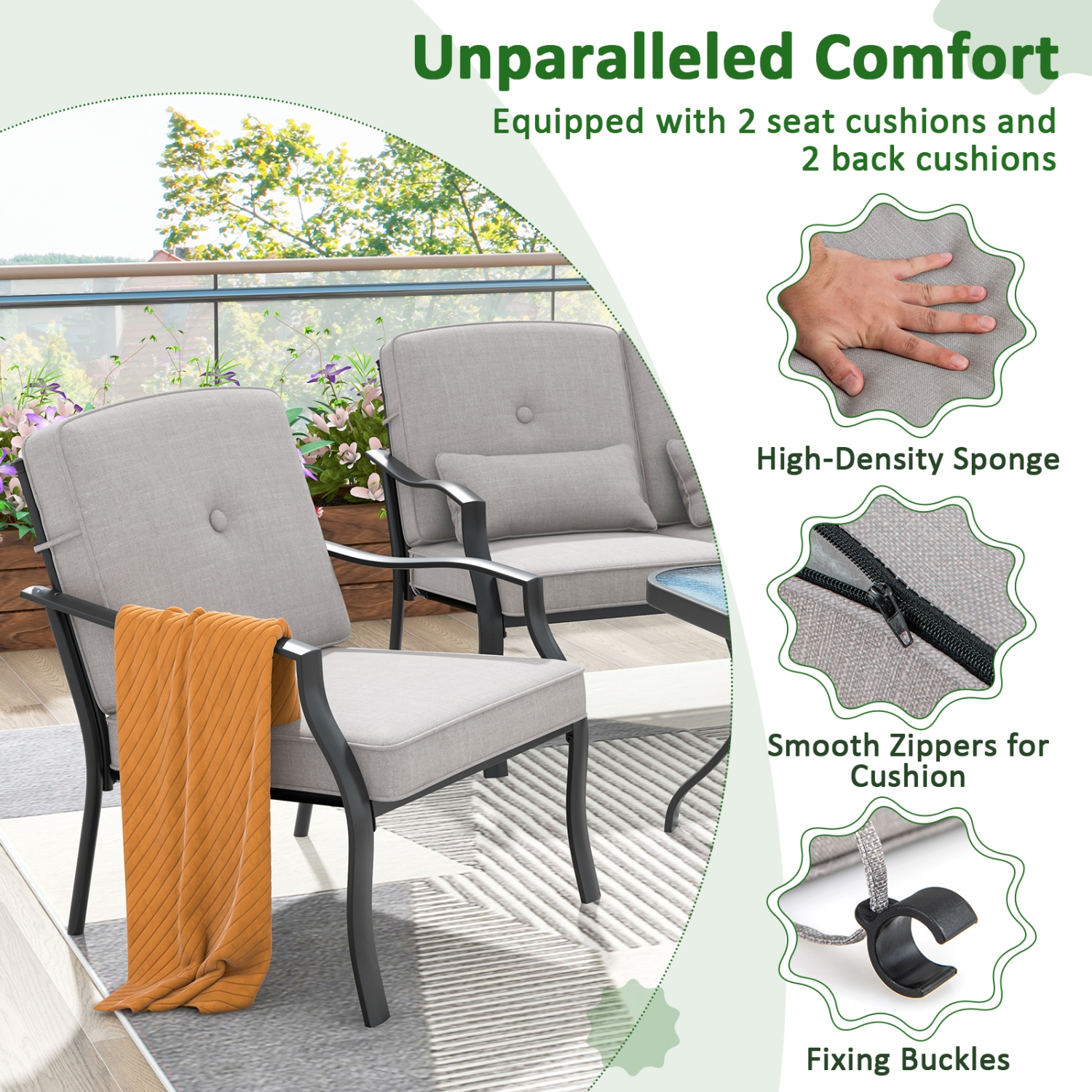 Chaises de patio en métal 4 pièces de Costway pour salle à manger d'extérieur, robustes avec coussins, gris jardin