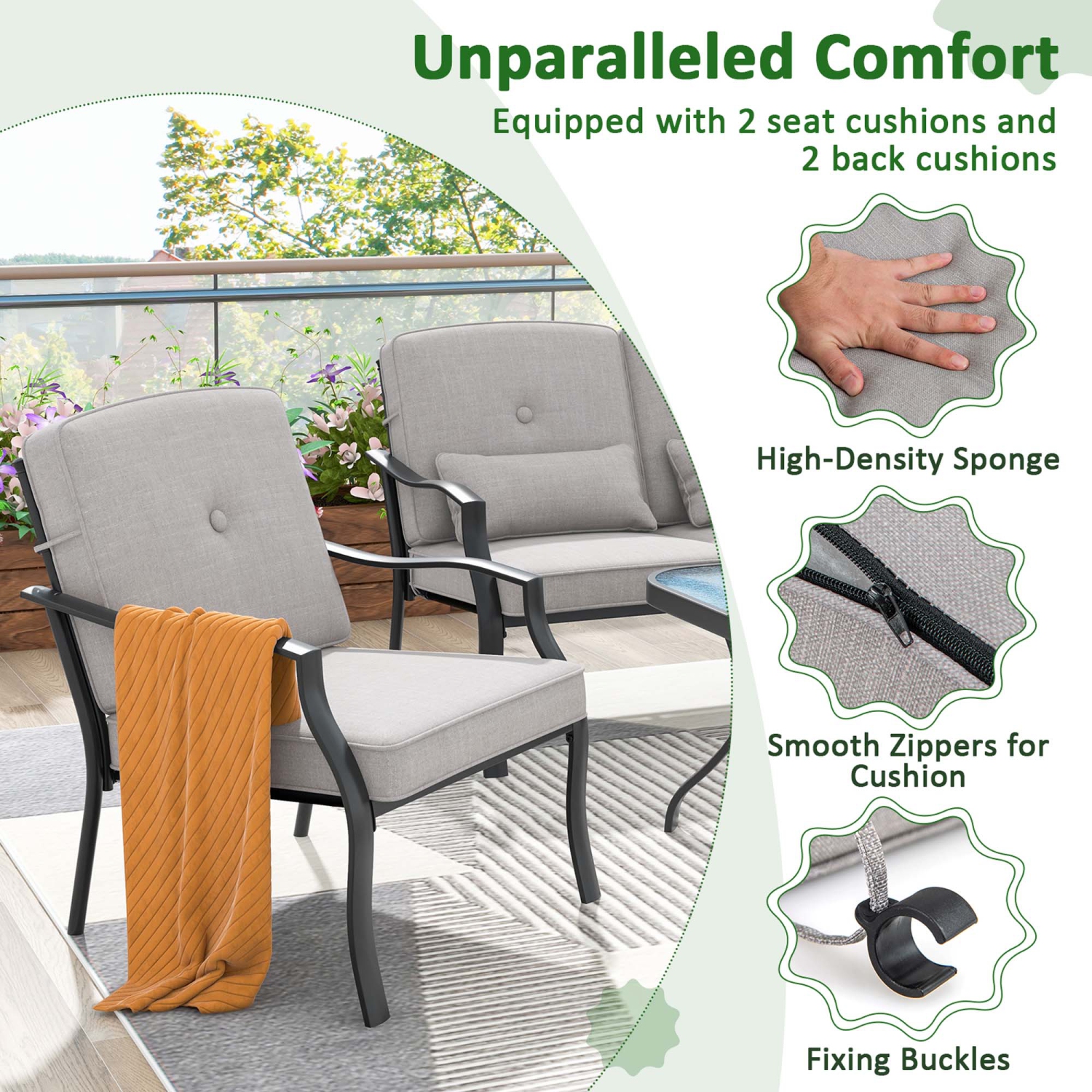 Chaises de patio en métal 2 pièces de Costway pour salle à manger d'extérieur, robustes avec coussins, gris jardin