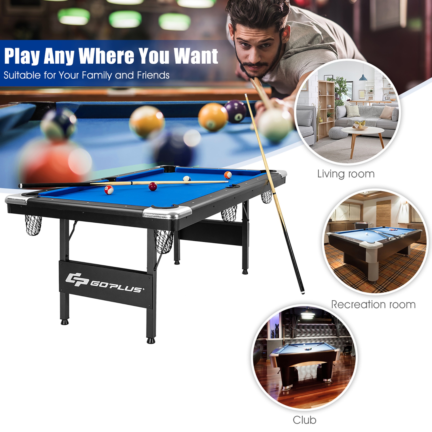 Table de billard pliable de 6 pi de Goplus, 76 po, idéale pour les enfants et les adultes bleus