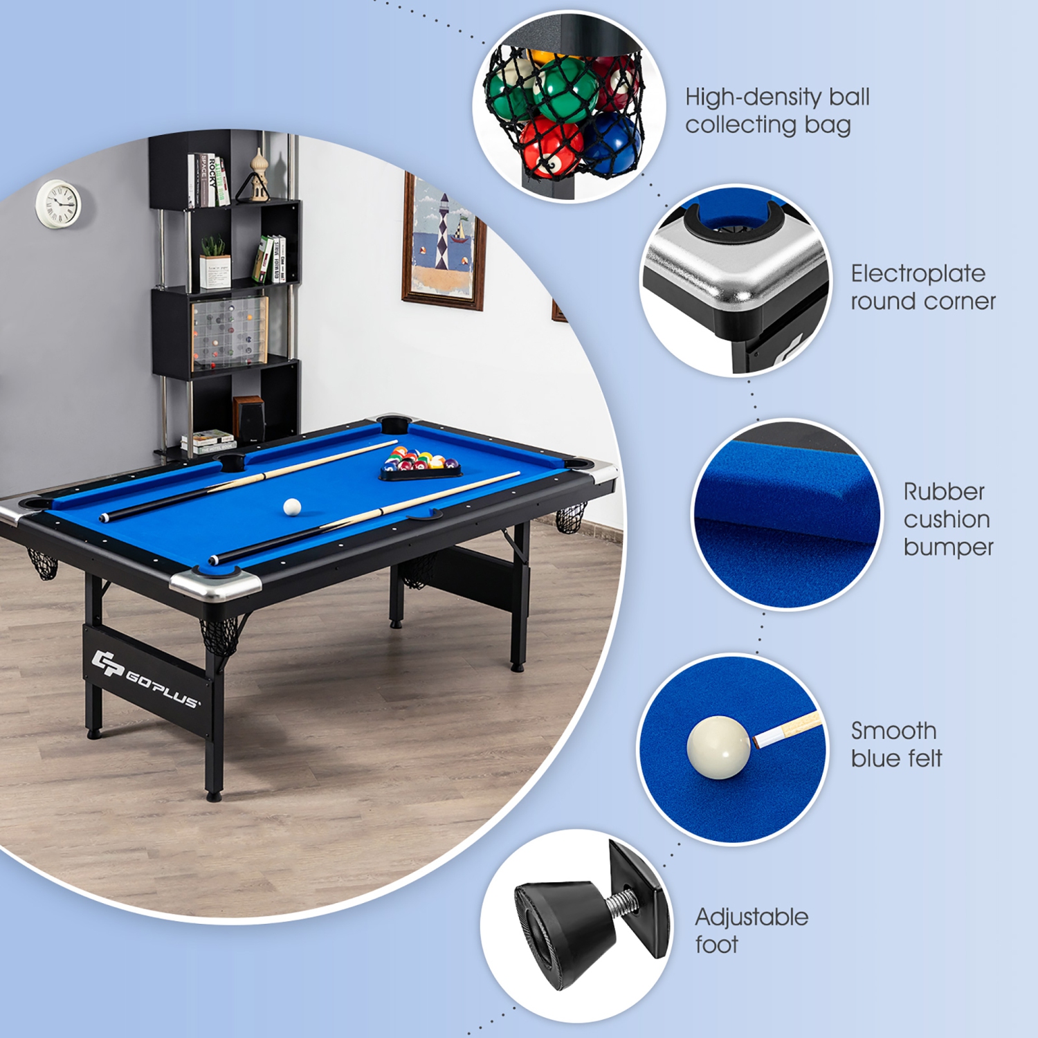 Table de billard pliable de 6 pi de Goplus, 76 po, idéale pour les enfants et les adultes bleus