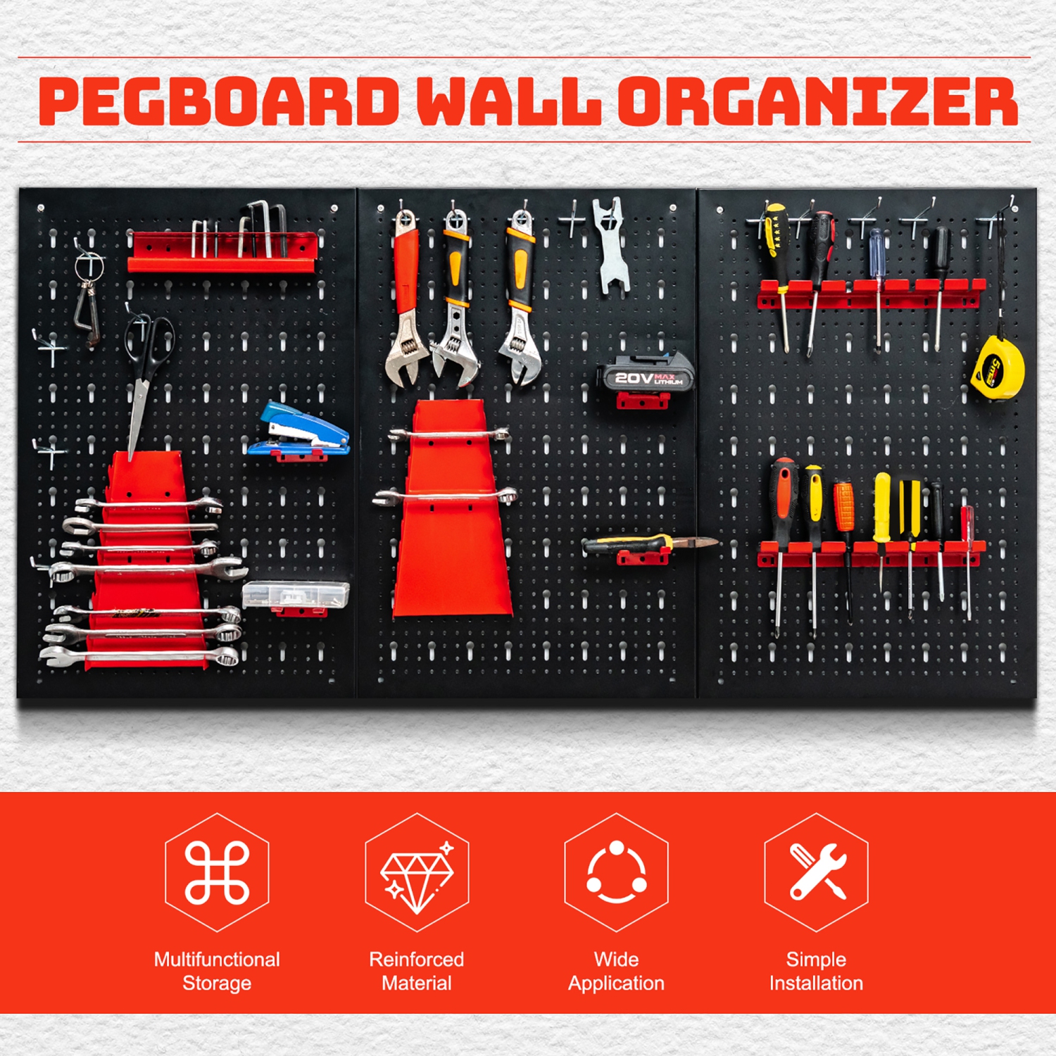 Trousse d'organisation murale à panneau perforé 4&nbsp;pi de Costway. Tableau d'outils en métal avec 3 panneaux perforés et 25 accessoires