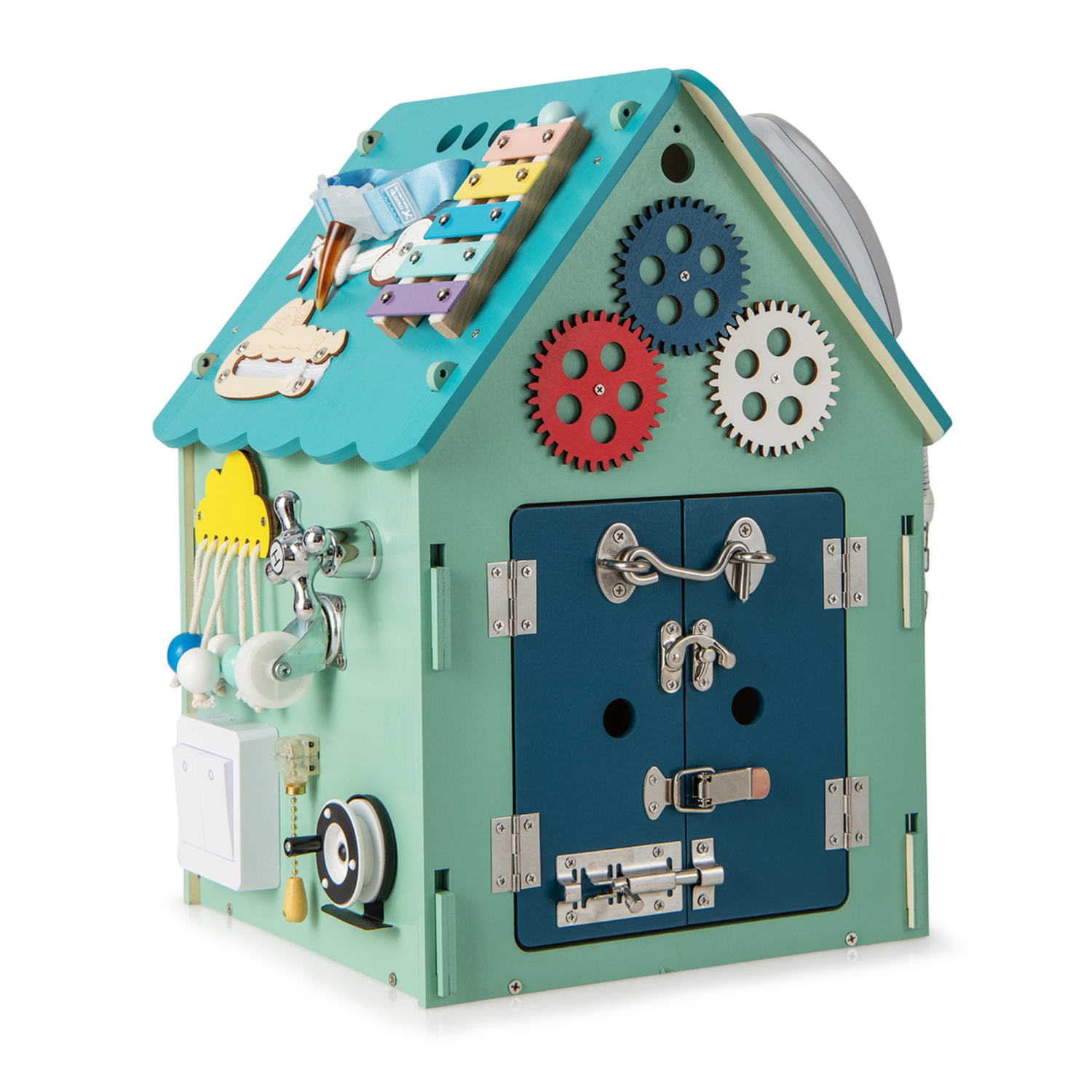 Costway Wooden Busy House Montessori Toy with Sensory Games & Interior Storage Space Blue/Pink