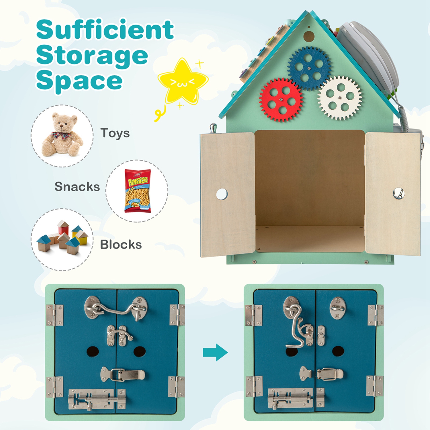 Costway Wooden Busy House Montessori Toy with Sensory Games & Interior Storage Space Blue/Pink