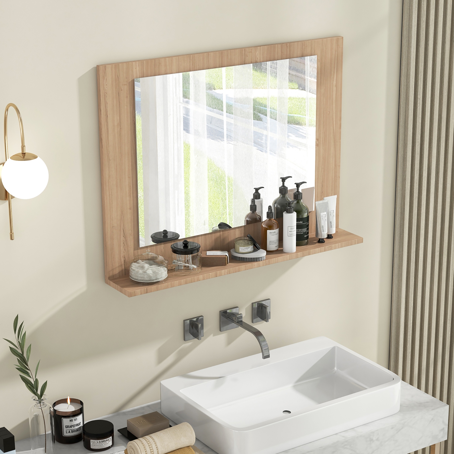 Gymax Bathroom Mirror w/ Shelf 23.5'' x 17.5'' Rectangle Wood Frame Vanity Mirror