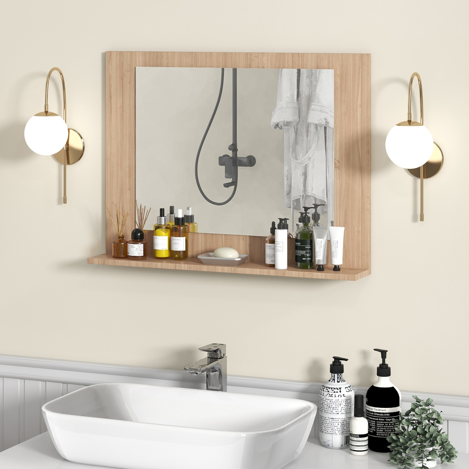 Gymax Bathroom Mirror w/ Shelf 23.5'' x 17.5'' Rectangle Wood Frame Vanity Mirror