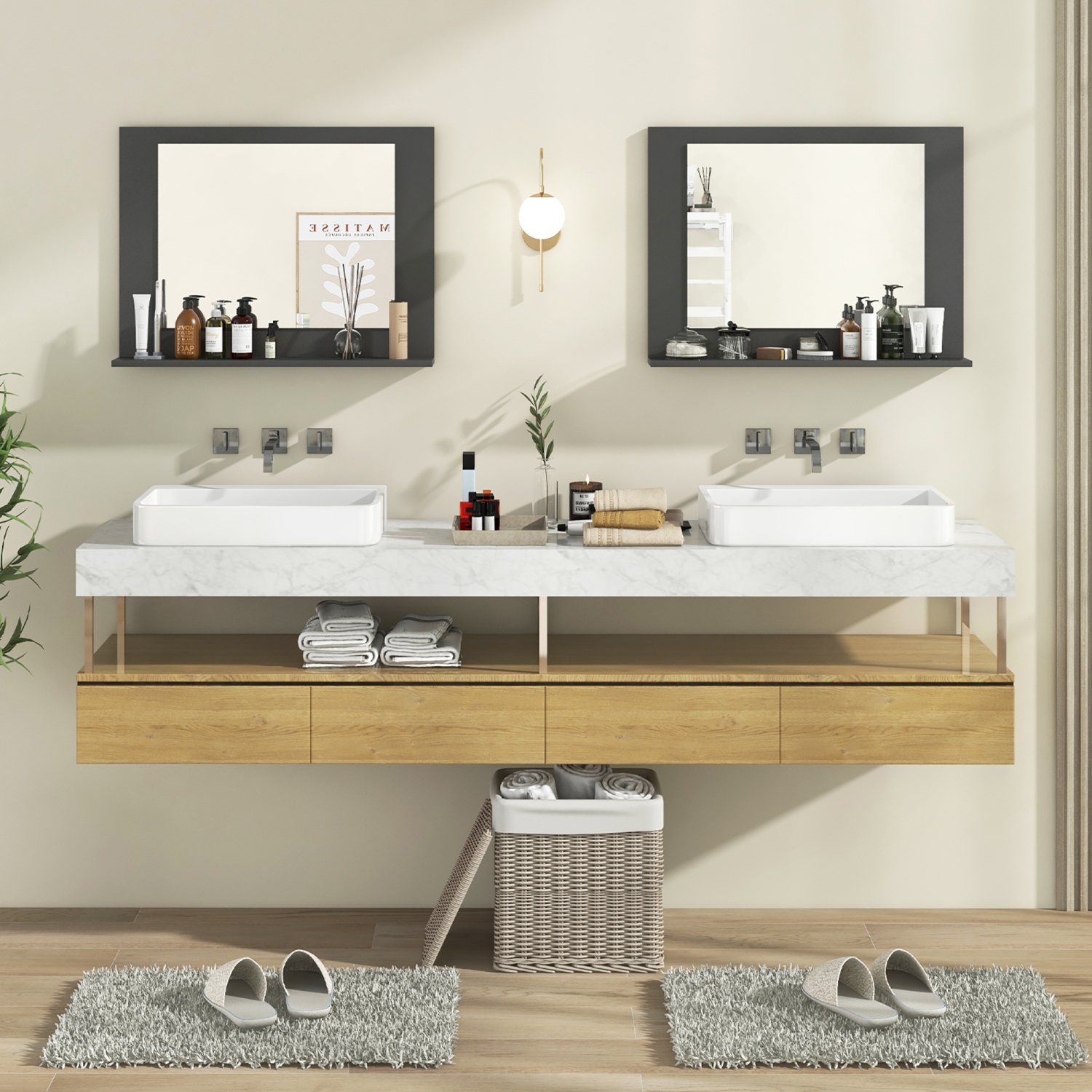 Gymax Bathroom Mirror w/ Shelf 23.5'' x 17.5'' Rectangle Wood Frame Vanity Mirror