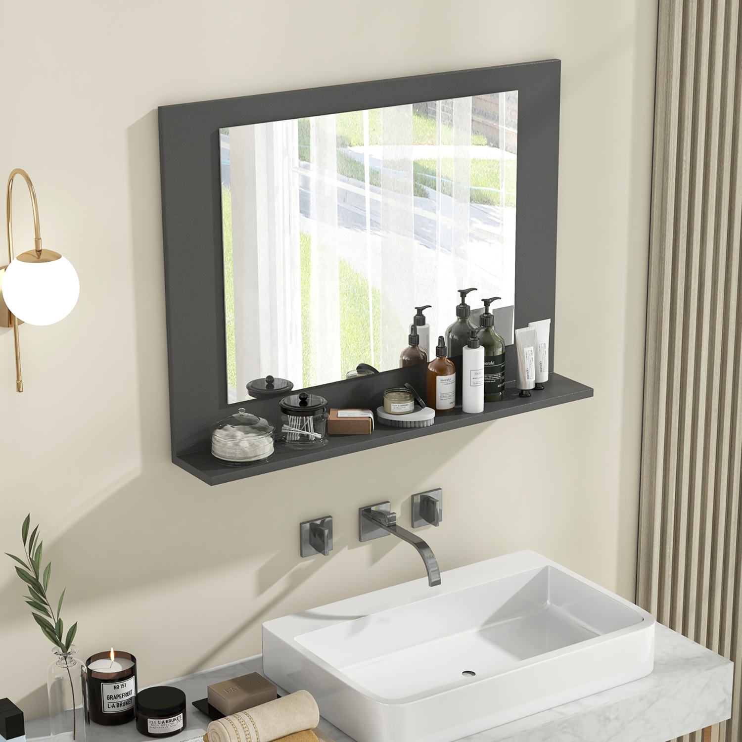 Gymax Bathroom Mirror w/ Shelf 23.5'' x 17.5'' Rectangle Wood Frame Vanity Mirror
