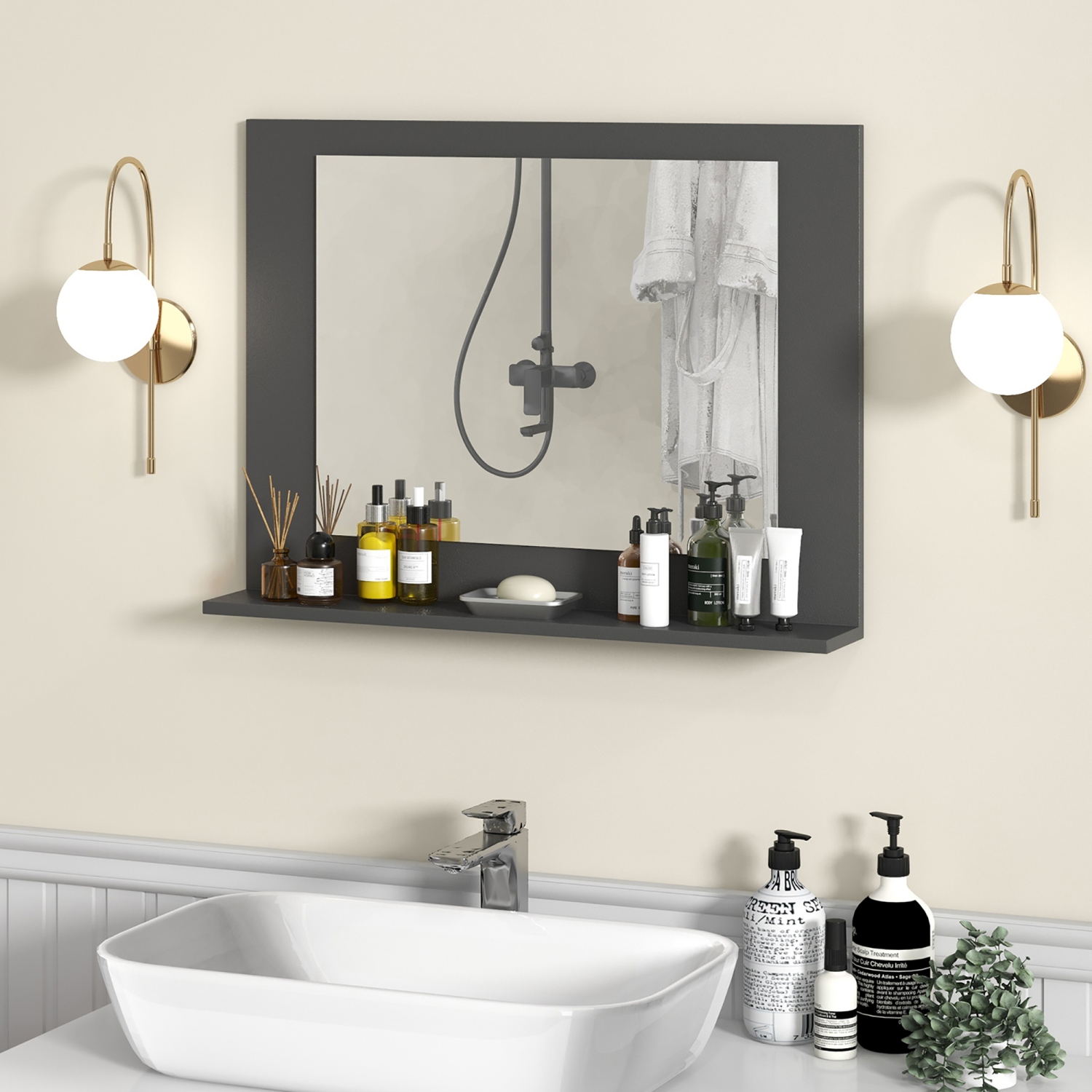 Gymax Bathroom Mirror w/ Shelf 23.5'' x 17.5'' Rectangle Wood Frame Vanity Mirror