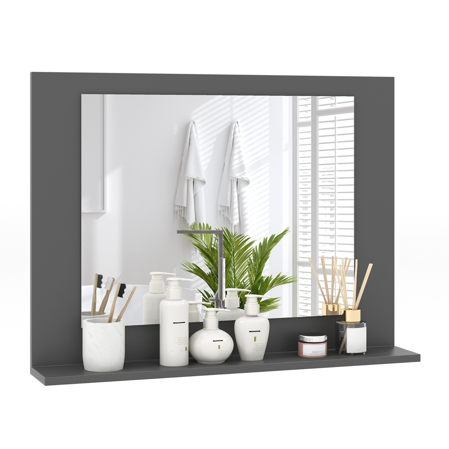 Gymax Bathroom Mirror w/ Shelf 23.5'' x 17.5'' Rectangle Wood Frame Vanity Mirror