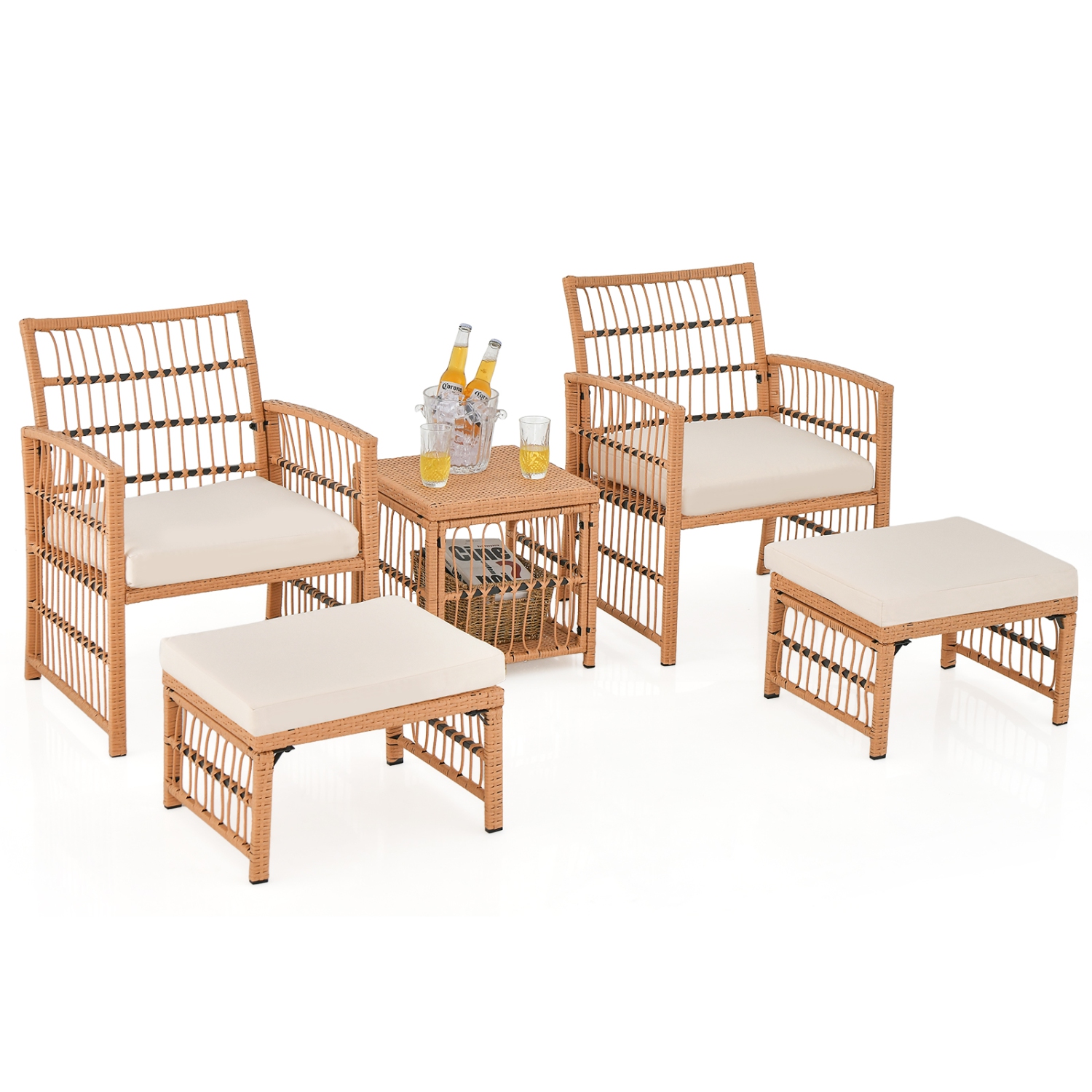 Gymax 5 Piece Patio Rattan Wicker Conversation Set w/ 2-Tier Coffee Table & 2 Ottomans