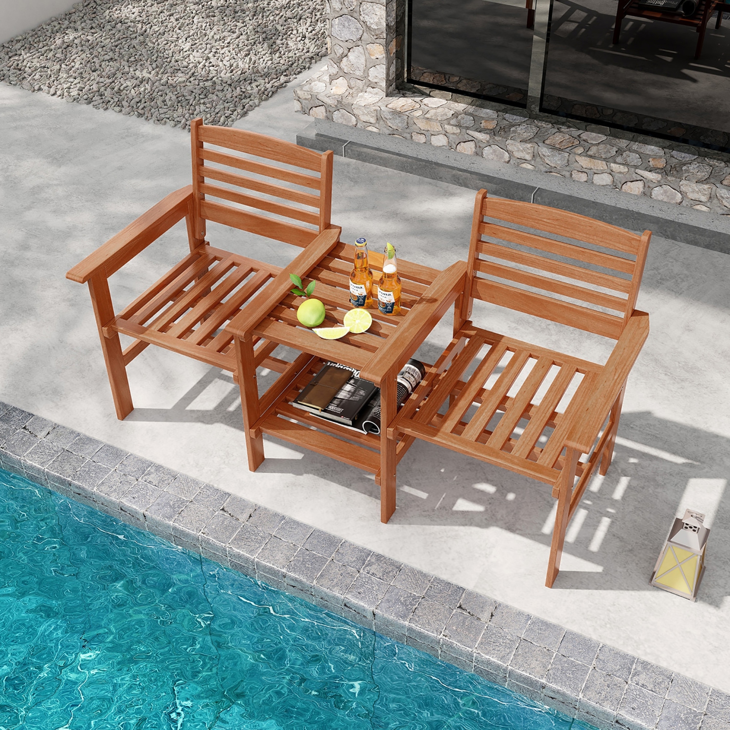 Gymax Outdoor Patio Loveseat w/ Coffee Table & Umbrella Hole for Garden Poolside