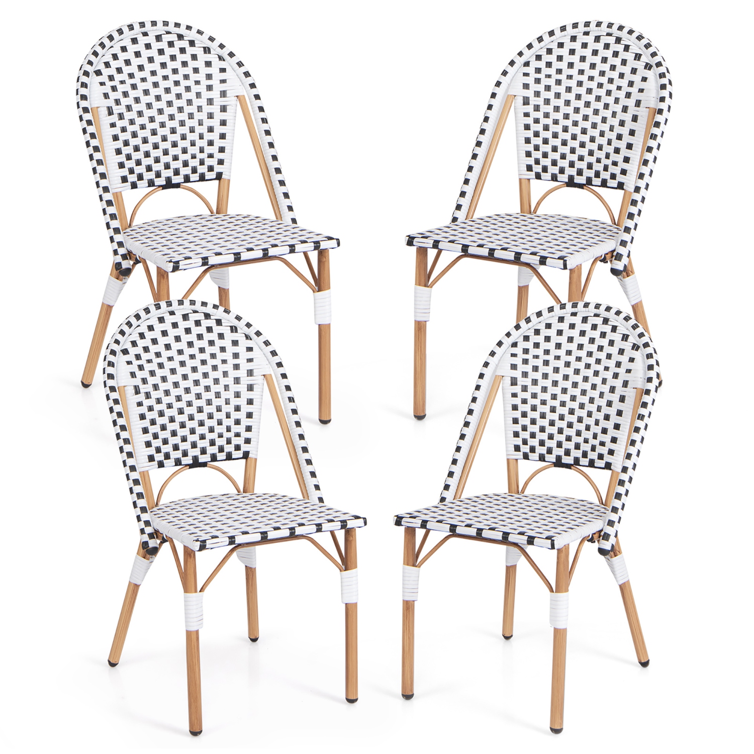 Gymax French Bistro Chair Set of 4 w/ Hand-woven Rattan Galvanized Metal Frame Outdoor