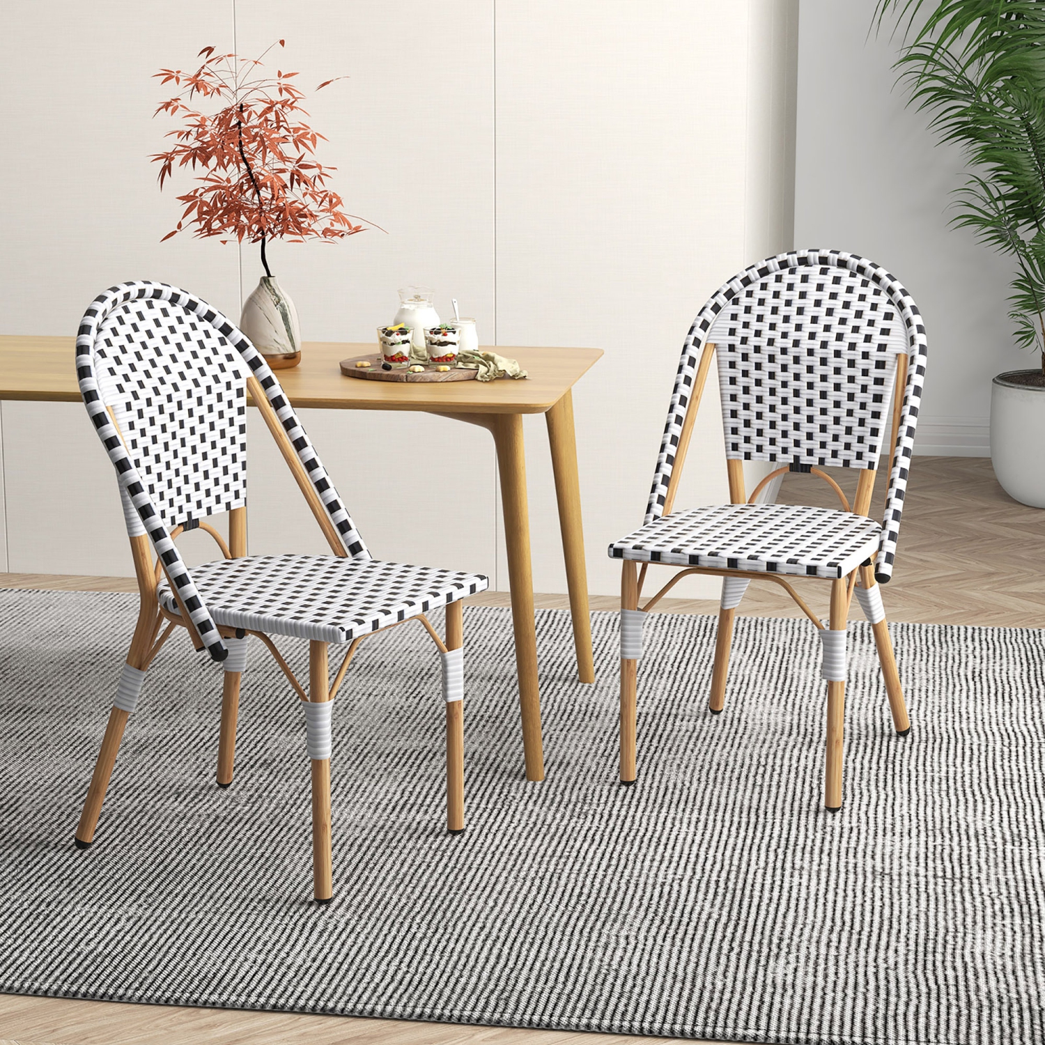 Gymax French Bistro Chair Set of 4 w/ Hand-woven Rattan Galvanized Metal Frame Outdoor