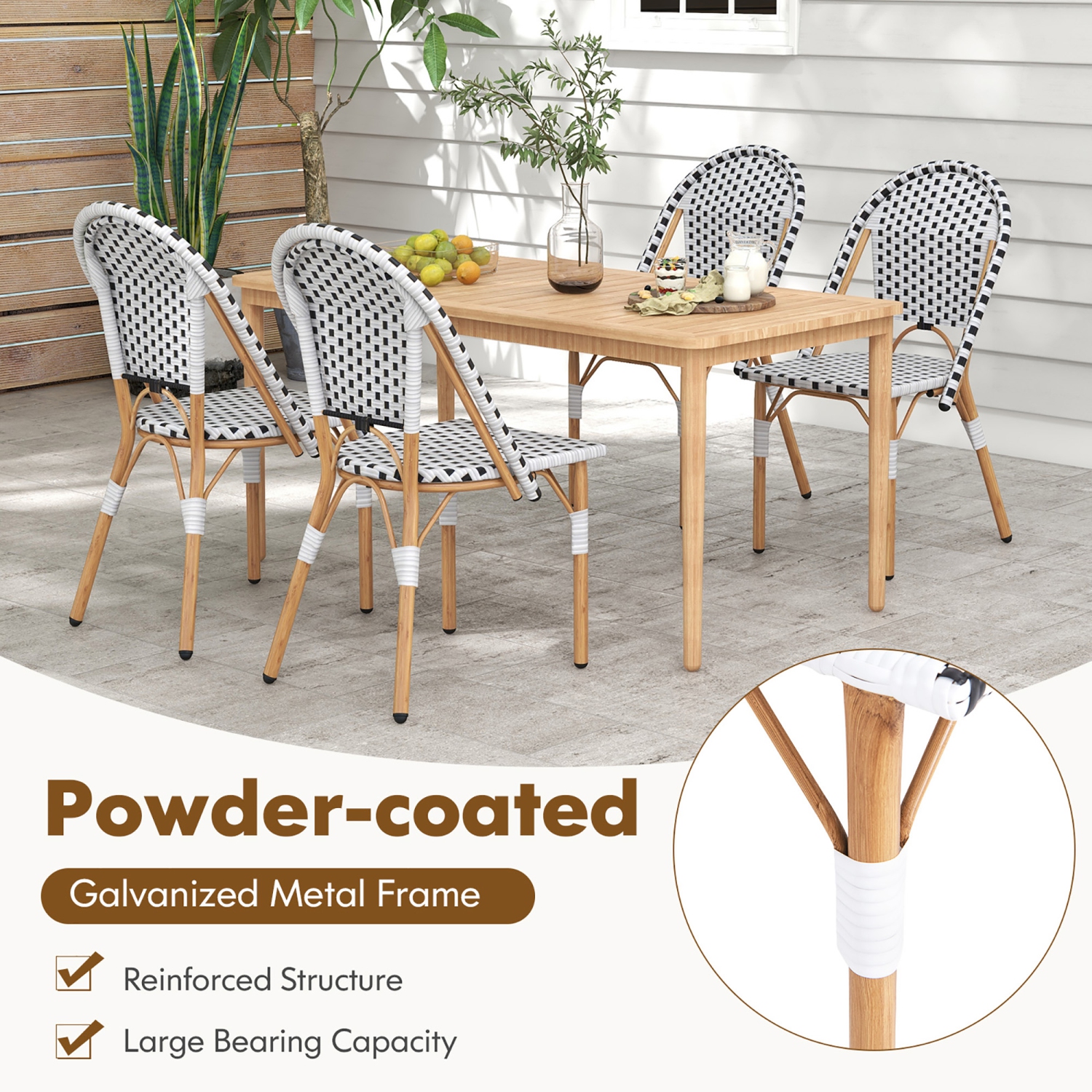 Gymax French Bistro Chair Set of 4 w/ Hand-woven Rattan Galvanized Metal Frame Outdoor