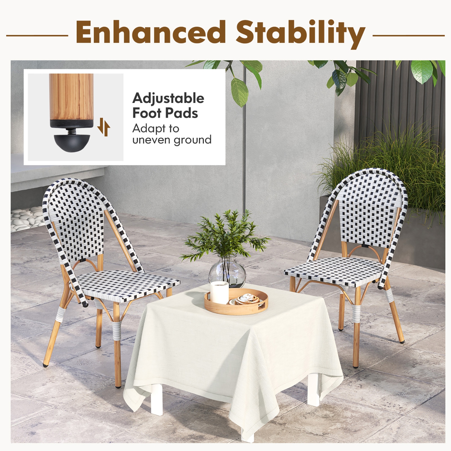 Gymax French Bistro Chair Set of 4 w/ Hand-woven Rattan Galvanized Metal Frame Outdoor