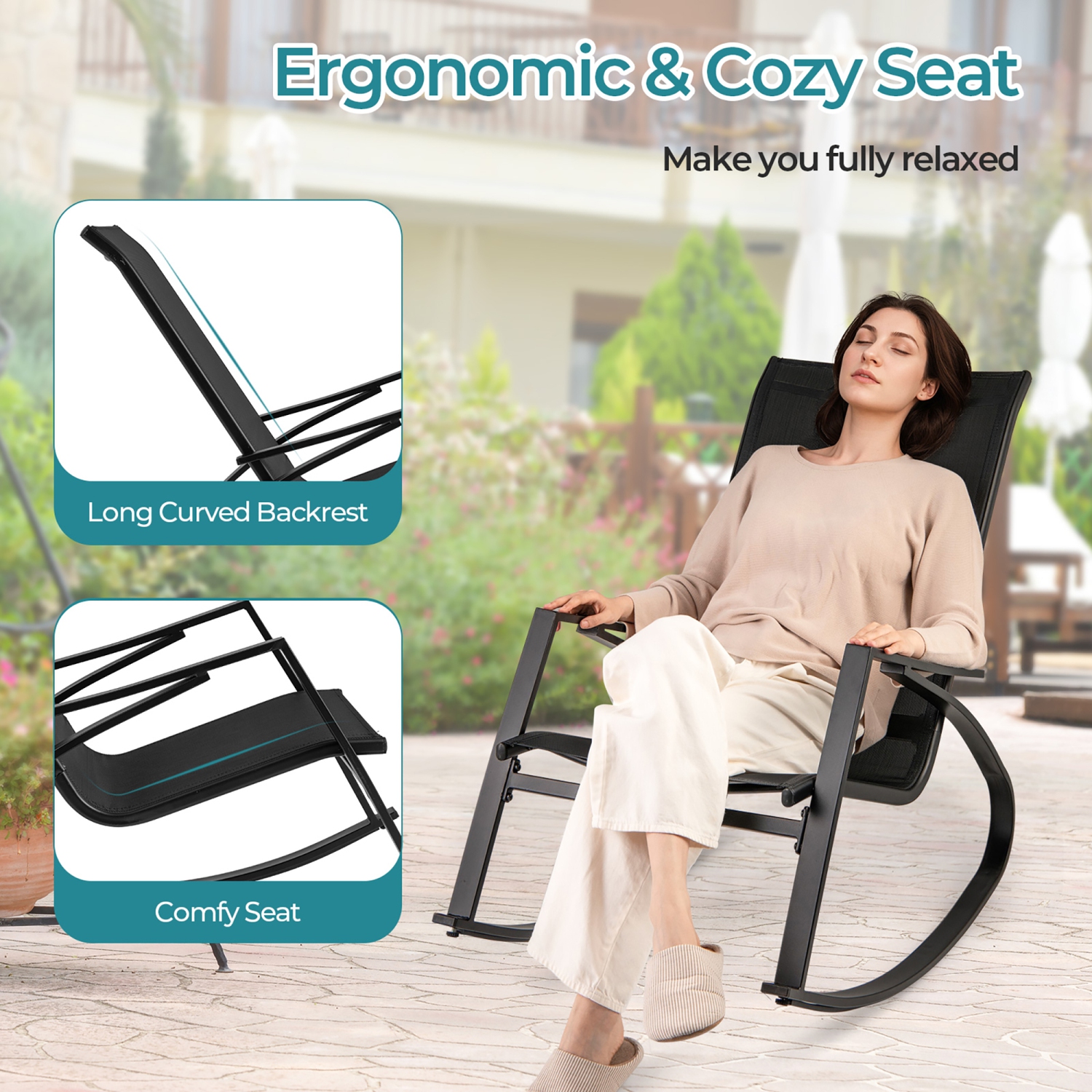 Gymax 4 PCS Patio Rocking Chairs w/ Ergonomic Backrest Seat Safe Stoppers for Backyard