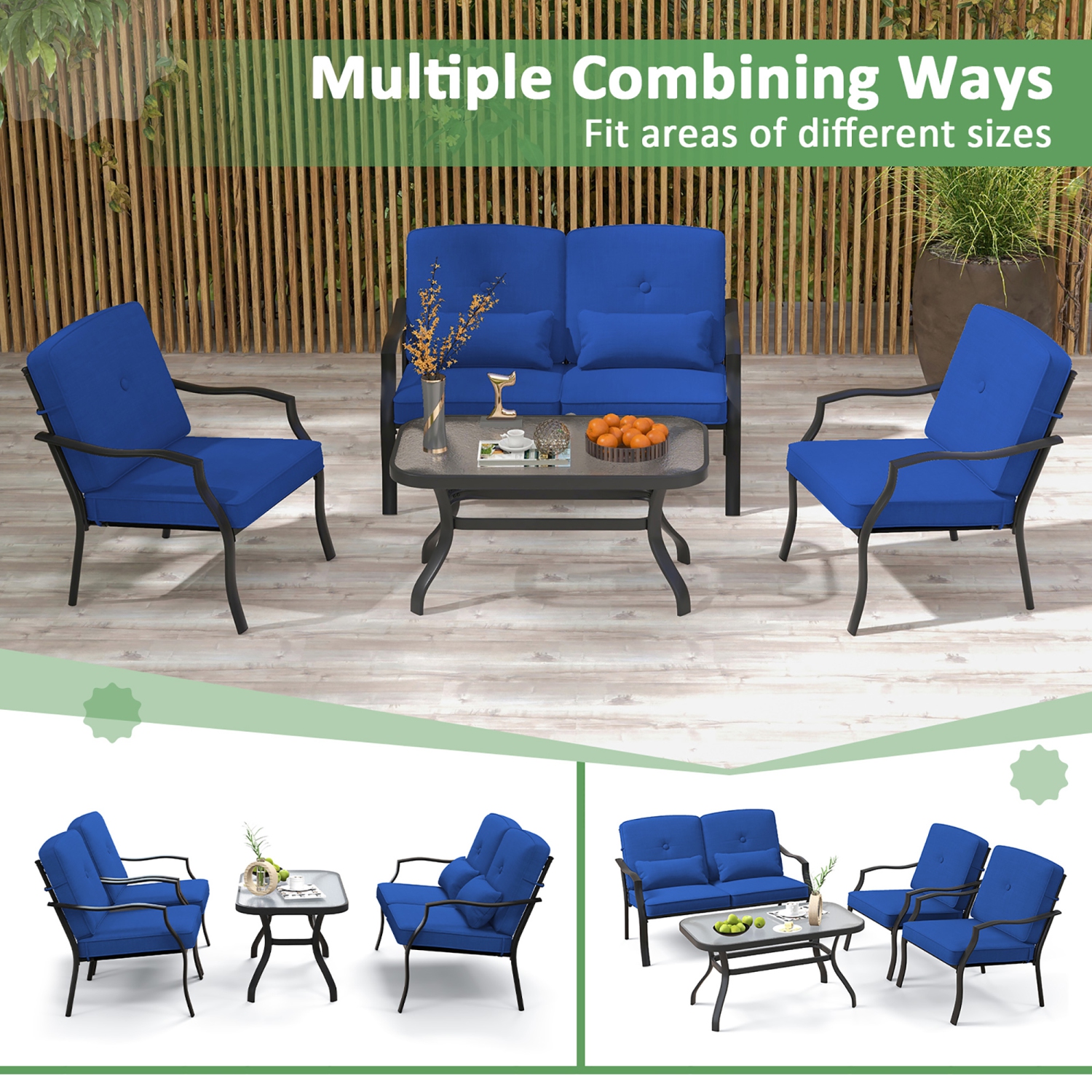 Gymax 4 PCS Patio Metal Chairs Outdoor Dining Seat Heavy Duty w/ Cushions Garden Blue