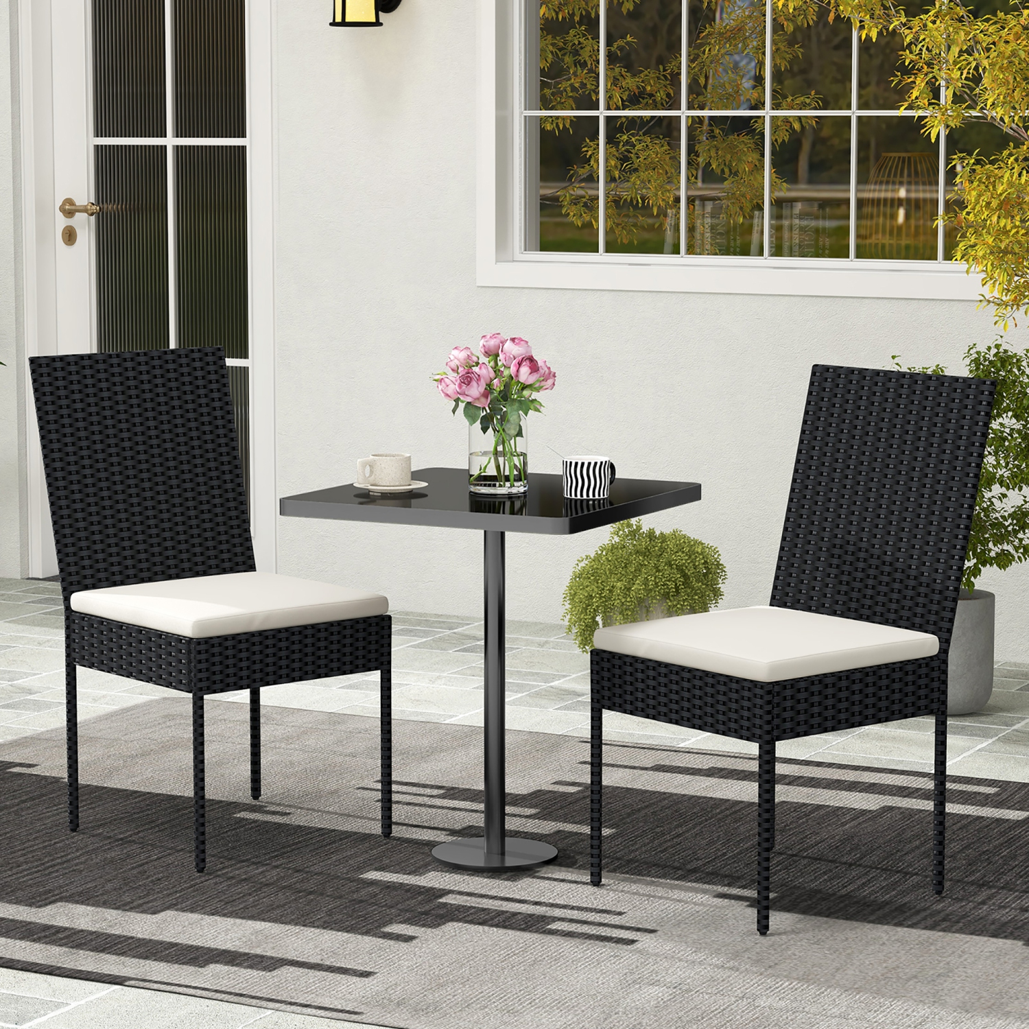 Gymax PE Wicker Patio Chairs Set of 4 Outdoor Dining Chairs w/ Cushions Off White