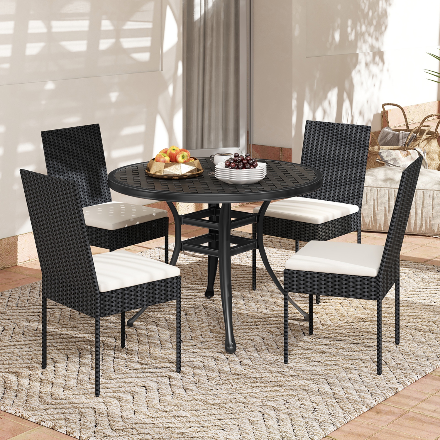 Gymax PE Wicker Patio Chairs Set of 4 Outdoor Dining Chairs w/ Cushions Off White