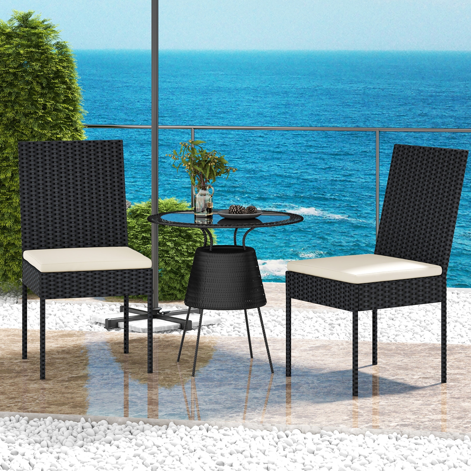 Gymax PE Wicker Patio Chairs Set of 4 Outdoor Dining Chairs w/ Cushions Off White
