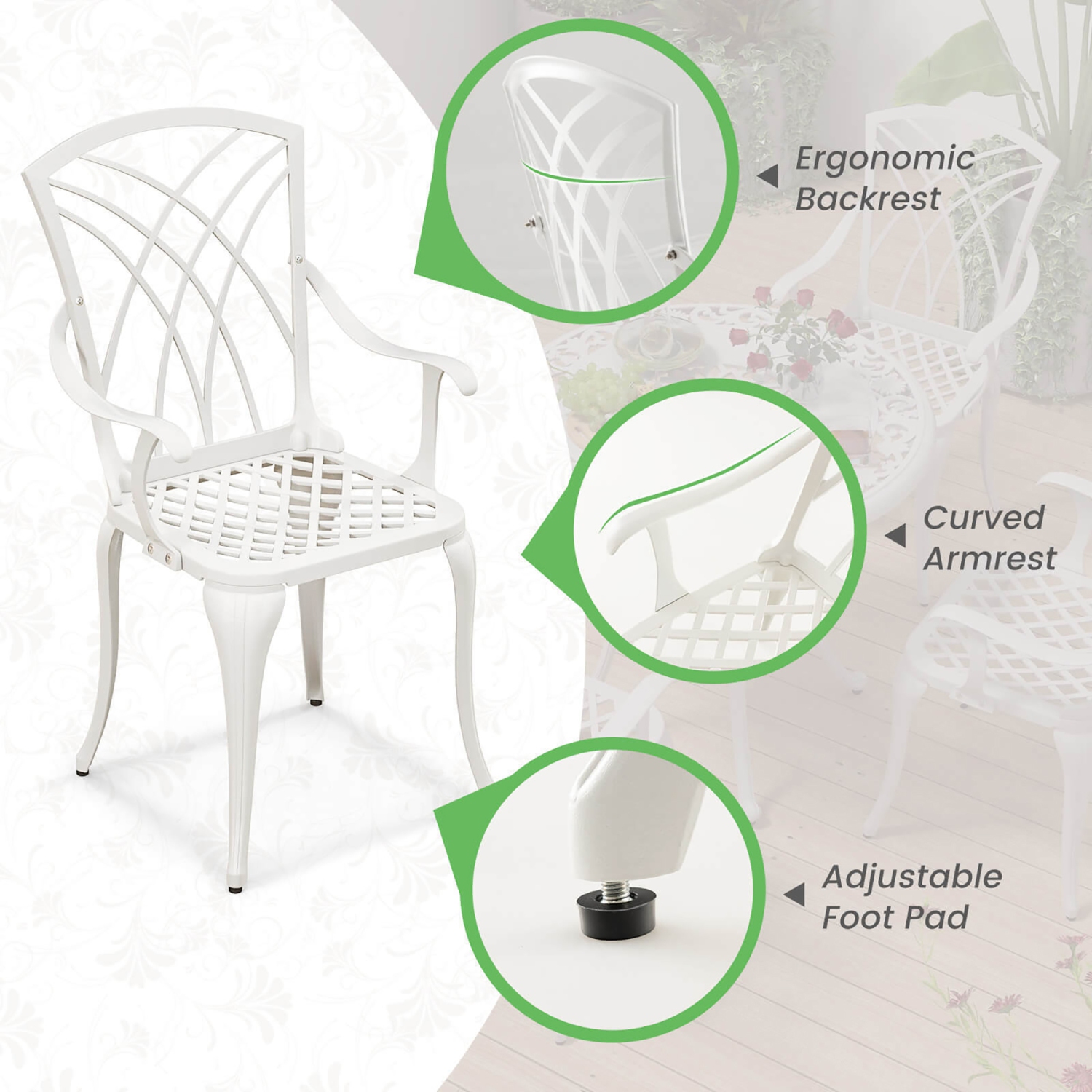 Gymax Set of 4 Cast Aluminum Patio Dining Chairs w/ Armrests Patio Bistro Chairs