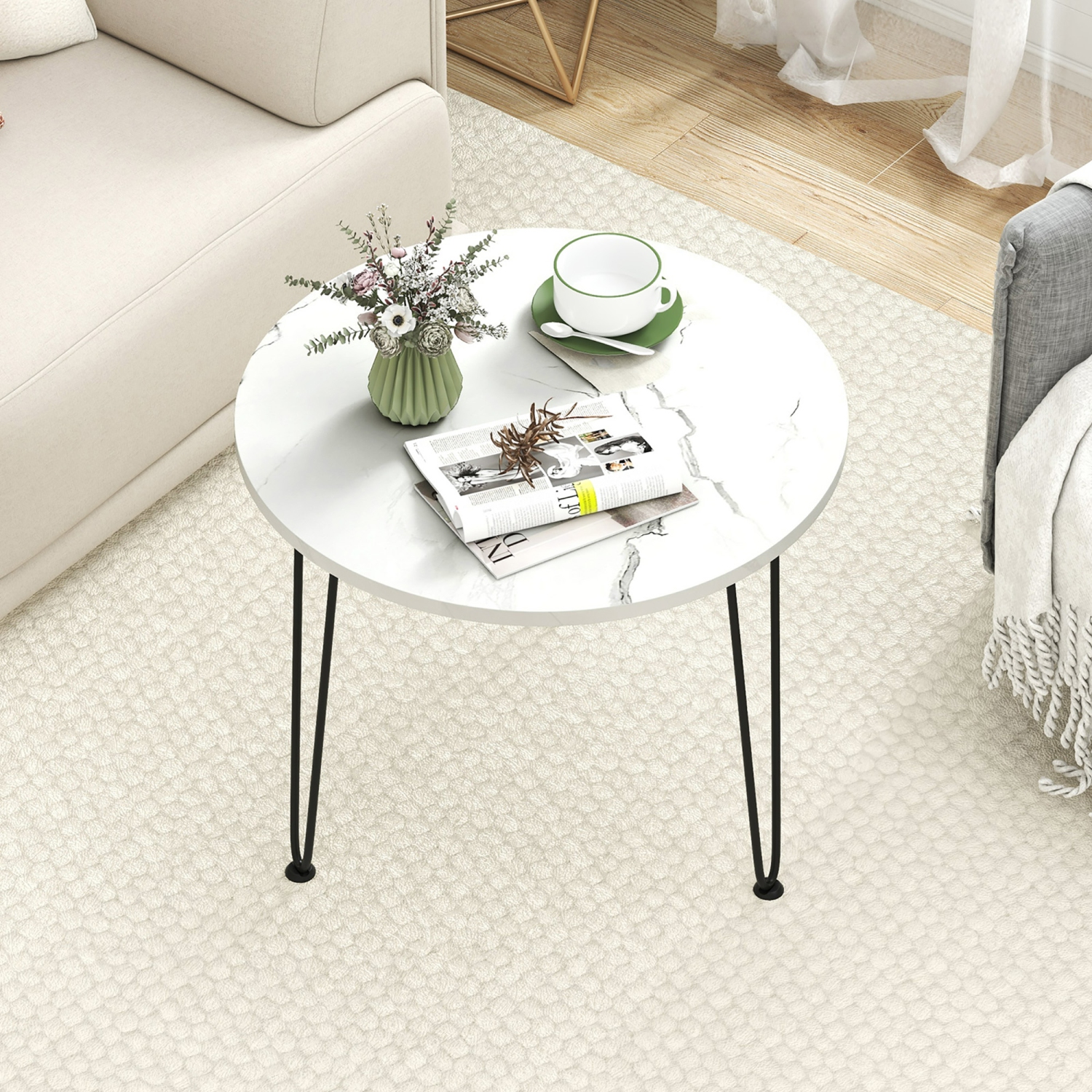 Gymax Small Round Coffee Table w/ Thickened Tabletop & Metal Tripod Legs Faux Marble White
