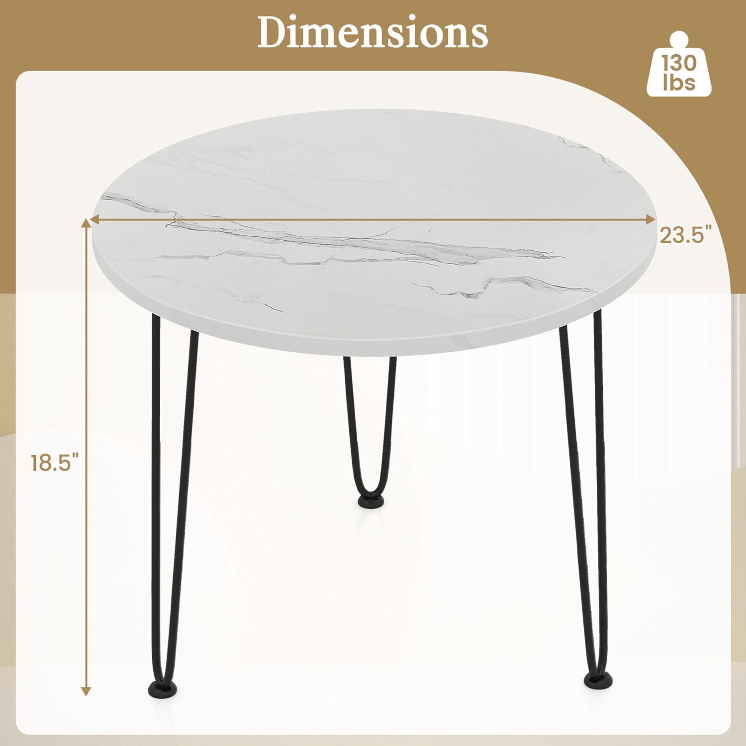 Gymax Small Round Coffee Table w/ Thickened Tabletop & Metal Tripod Legs Faux Marble White