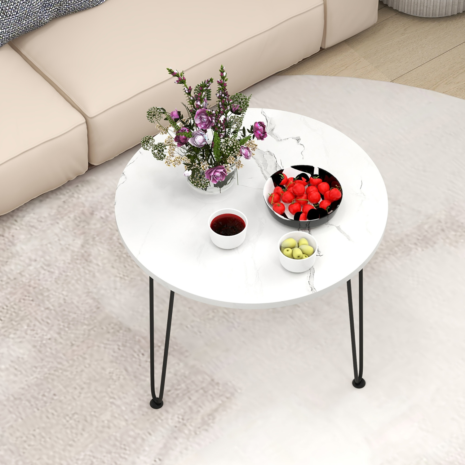 Gymax Small Round Coffee Table w/ Thickened Tabletop & Metal Tripod Legs Faux Marble White