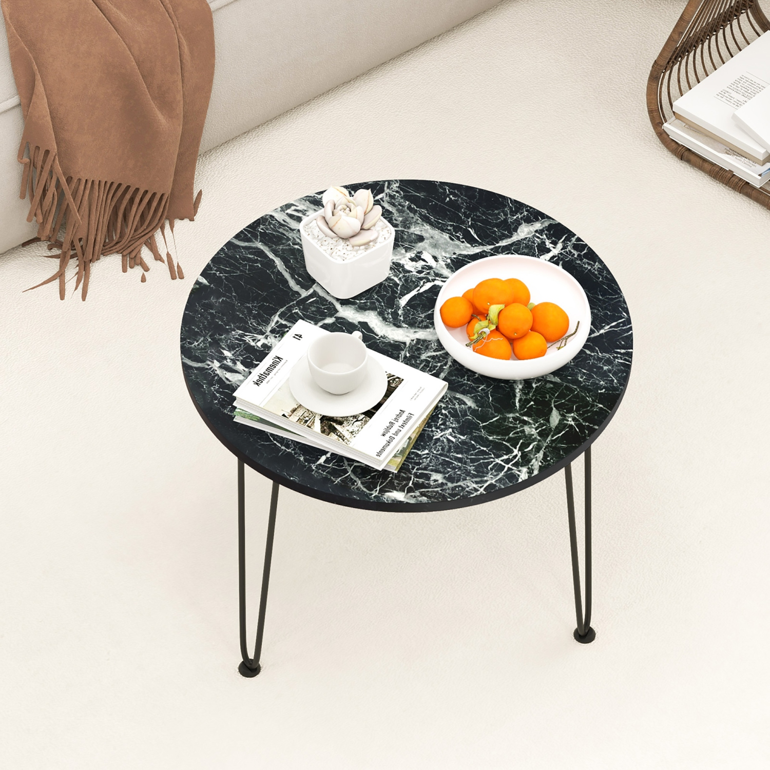 Gymax Small Round Coffee Table w/ Thickened Tabletop & Metal Tripod Legs Faux Marble Black