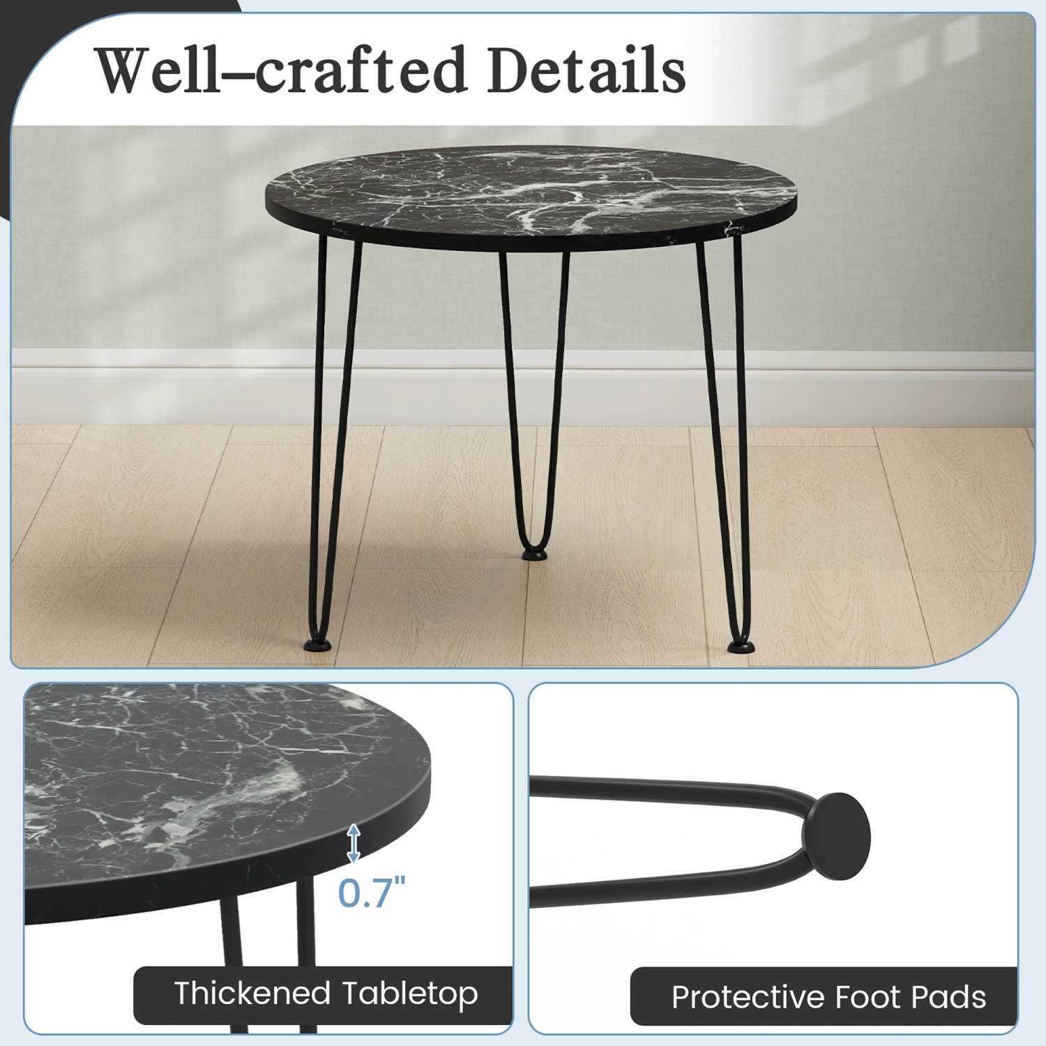 Gymax Small Round Coffee Table w/ Thickened Tabletop & Metal Tripod Legs Faux Marble Black